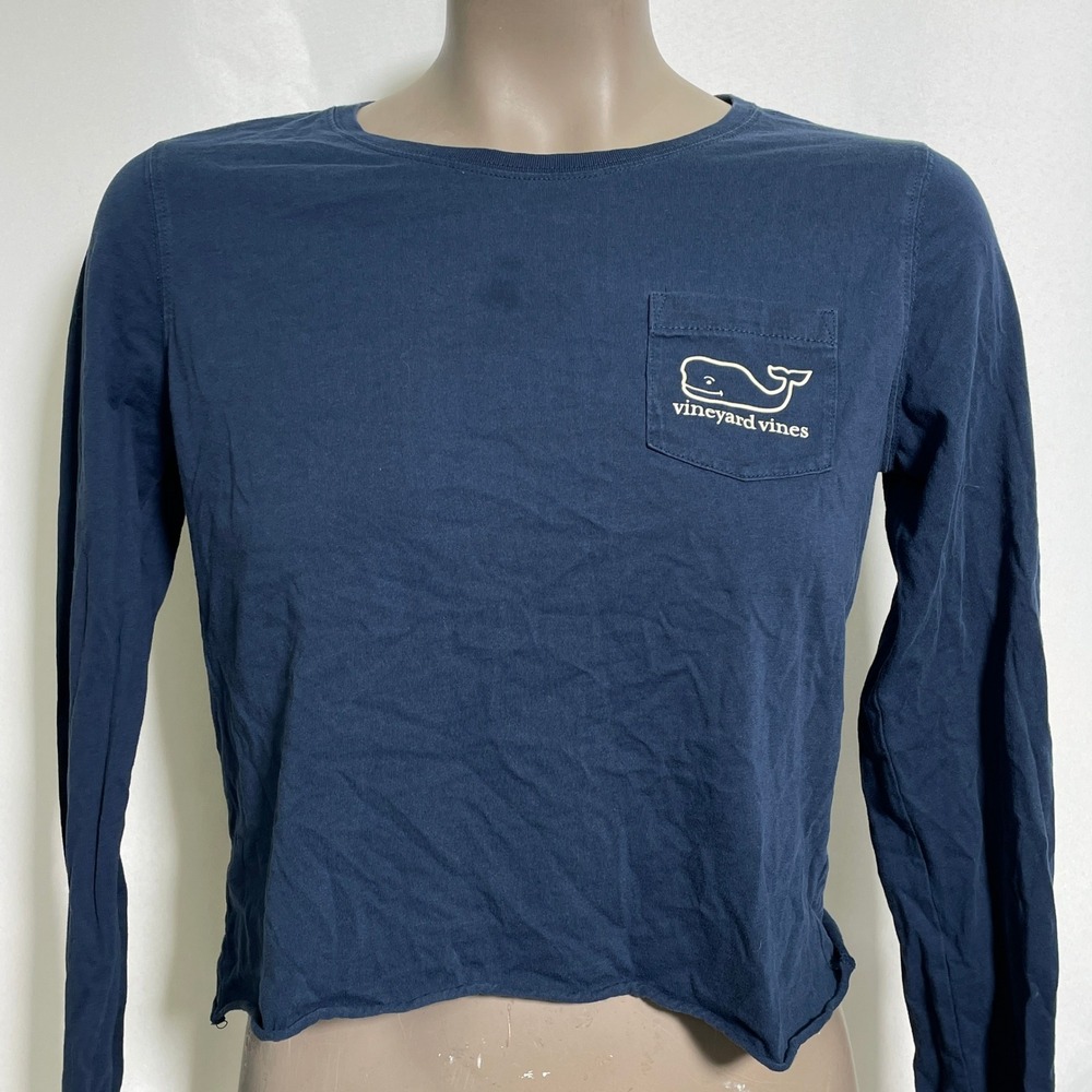 Vineyard Vines Long Sleeve Cropped Navy Blue Whale Sailboats T-Shirt Women's XS - Picture 2 of 9